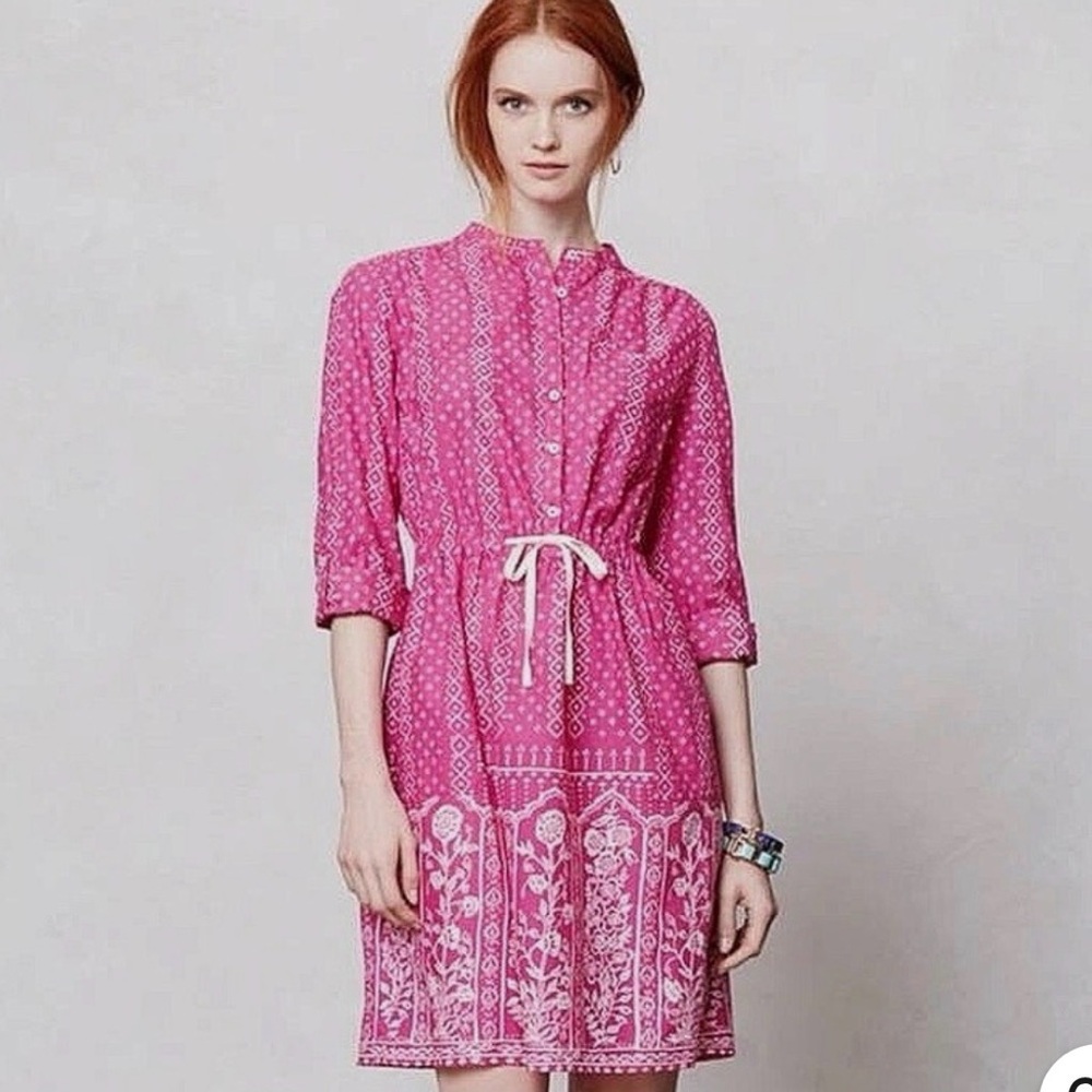 Anthropologie Meadow Rue Pink Printed Long Sleeve Drawstring Dress
